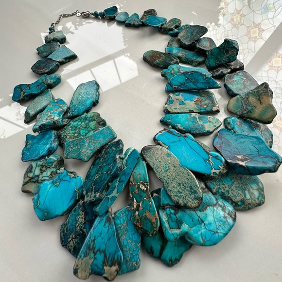 Aqua Jasper Gemstone Slab Statement Necklace-Sterling Silver-Boho Chic - Picture 5 of 8